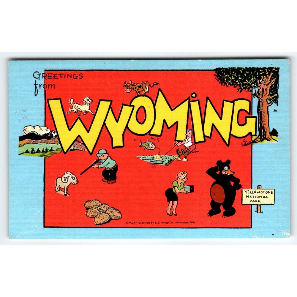 Greetings From Wyoming Fish Cow Bear Yellowstone Park Postcard Map Linen Kropp